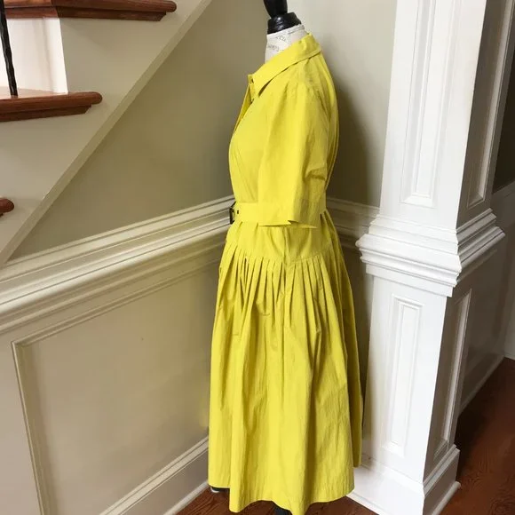 CO Half Placket Belted Shirt Dress Womens Medium Citron Yellow Short Sleeve Midi